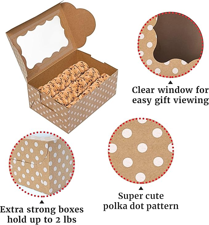 Polka Dot Cookie Boxes - 12 Pack - Brown with White Polka Dots Bakery Gift Box with Window - for Pastries, Cupcakes, Strawberries, Macarons, & Treats - Large Size Easily Fits a Dozen Cookies - 12 pcs