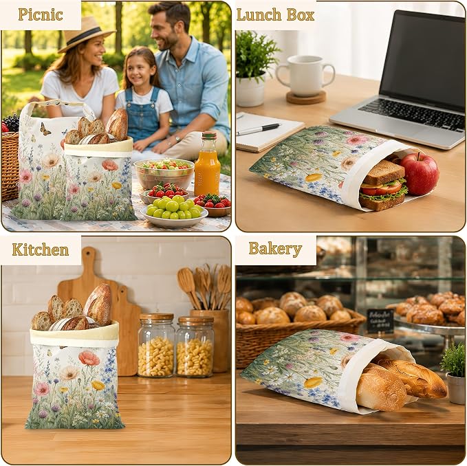 2 Pack Beeswax Wildflower Meadow Bread Bags for Sourdough, Reusable Linen Butterfly Garden Bread Bag 17x13'' Food Storage Cloth Bag Freezer-Friendly & Freshness Preservation