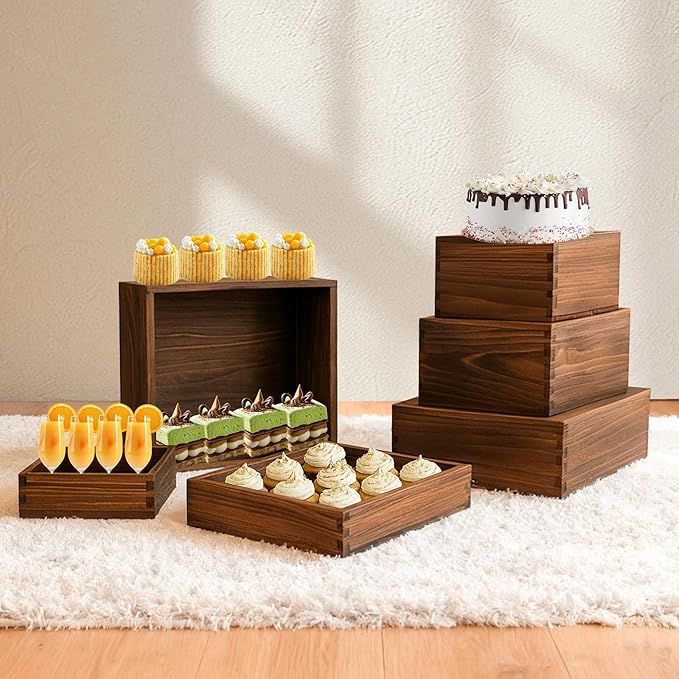 6-Pack Wood Risers Display Stands, Multi-Height Food Risers for Buffet Table, Rustic Wooden Cake & Cupcake Stands for Party, Birthday, Wedding, Halloween Decor