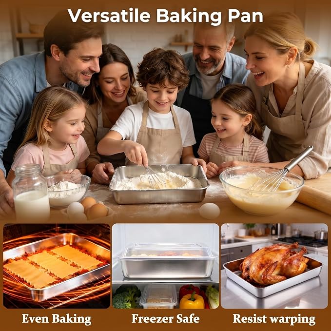 LIANYU Stainless Steel Baking Cake Pan with Lid Set, 12⅓ x 9¾ x 2 Inch Lasagna Brownie Pan, Oven & Dishwasher Safe Pan for Cookie Bread (1 Pan +1 Lid)