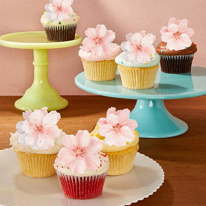 Gyufise 54Pcs Edible Cherry Blossoms Cake Decorations Edible Cherry Blossoms Cupcake Toppers Wafer Paper Flowers Cake Toppers for Baby Shower Kids Birthday Party Cake Food Decorations Supplies Pink