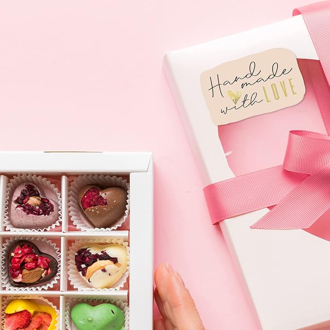 300 Handmade with Love Stickers in Sheets | 1.75" x 2.75" Special Cut Size | Typical Shape Design with Gold Foil and Light Peach Background | Highly Recommended for Small Business Owners (1 Pack)