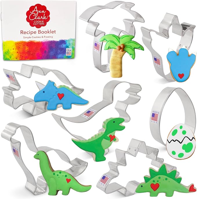 Ann Clark Dinosaur Cookie Cutter 7-Pc. Set (T-Rex, Brontosaurus, Stegosaurus, Triceratops, Dino Foot, Egg, Palm Tree), Made in USA
