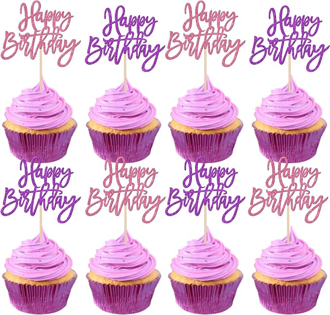 24 PCS Happy Birthday Cupcake Toppers Glitter Happy Birthday Cupcake Picks for Celebrating Anniversary Theme Party Cake Decorations Supplies Pink Purple