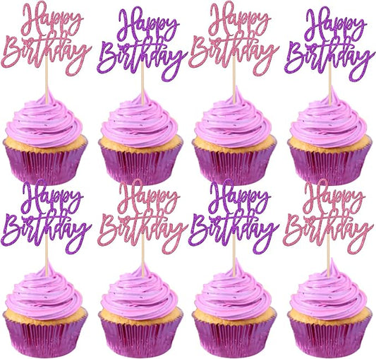 24 PCS Happy Birthday Cupcake Toppers Glitter Happy Birthday Cupcake Picks for Celebrating Anniversary Theme Party Cake Decorations Supplies Pink Purple