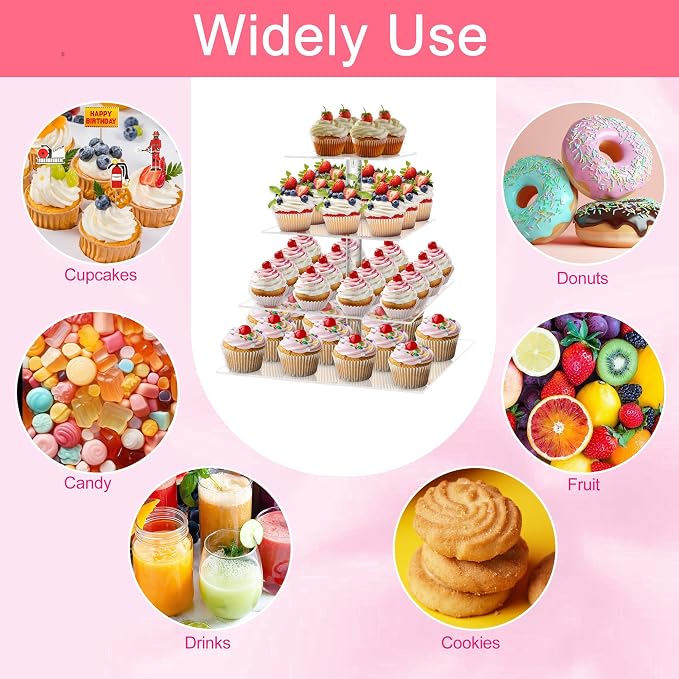 weddingwish 4 Tier Cupcake Stand, Clear Acrylic Cupcake Tower for 50 Cupcakes, Square Dessert Display Stand for Wedding,Birthday,Graduation