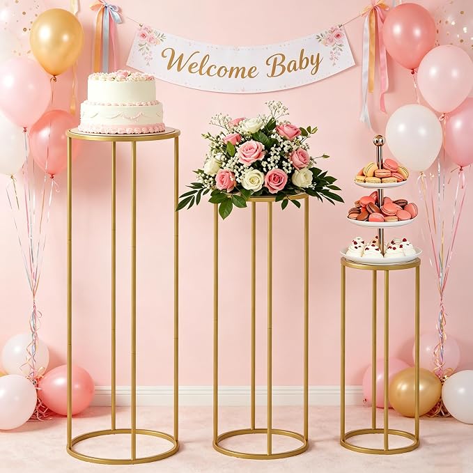 Urban Deco 3Pcs Cylinder Stands for Party, Round Pedestal Stand for Parties with Removable Acrylic Tops, Gold Metal Cake Stands, Cilindros para Fiestas for Birthday Party Wedding Baby Shower Decor