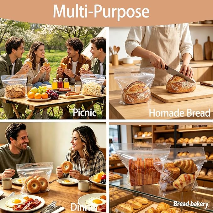 50 Pcs Clear Plastic Bread Bags for Homemade Bread, Resealable & Freezer Safe Bakery Bags Storage for Sourdough, Toast, Bagels, Muffins, Pastries (13‘’ x 10.6'' Clear)