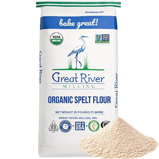 Great River Milling Organic Spelt Flour | Whole Grain Ancient Wheat Flour | USDA Organic, Non-GMO, Kosher | High Fiber, Mild Flavor | Ideal for Baking Breads, Muffins & More | 25 Lb (Pack of 1)