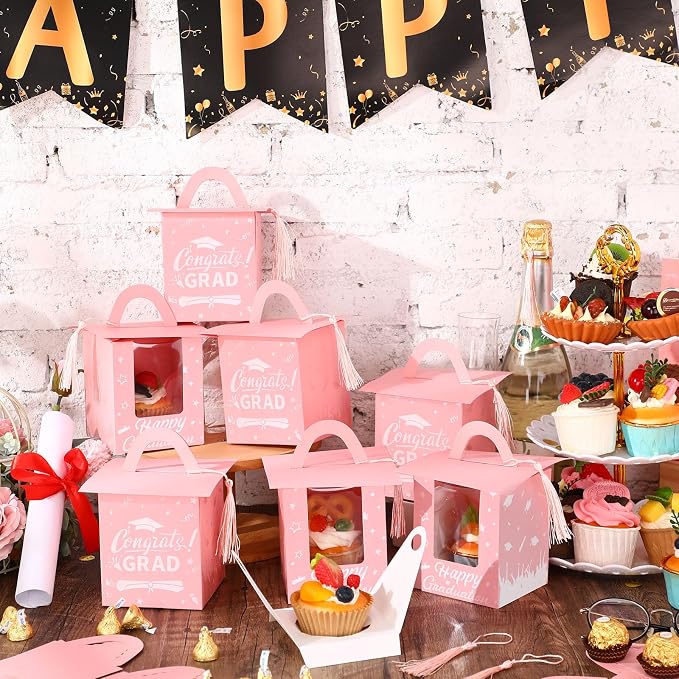 Outus 30 Pcs Graduation Cupcake Boxes Graduation Gift Box Congrats Grad Cupcake Container Candy Boxes with Window and Tassel for 2026 College High School Grad Party(Pink)