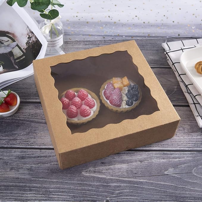 ONE MORE 12inch Kraft Bakery Cookie Boxes, 12x12x2.5inch Large Pie Boxes with PVC Window Natural Disposable Box for Cookie, Pack of 12