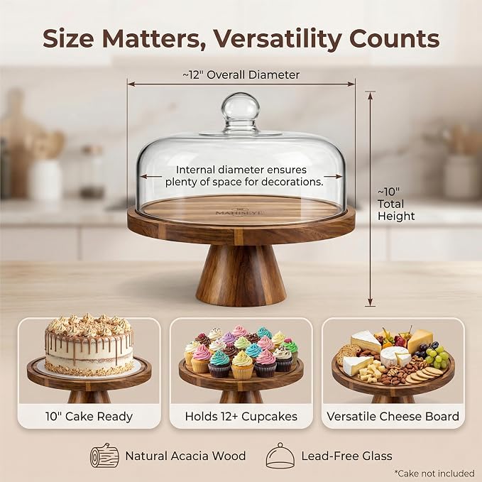 2026 Upgraded Cake Stand with Lid, 11.8 Inch Rotating Dessert Display Stand, Borosilicate Glass Dome and Wooden Base, Cake Holder Serving Platter for Kitchen, Party, Wedding