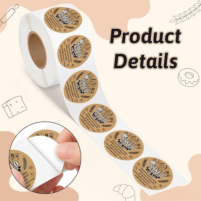 PANTIDE Cottage Food Law Labels Stickers - 500 Count Baked with Love Adhesive Round Decal Roll, Made in A Home Kitchen Inspection Statement for Bakery Baked Food Packaging (2 x 2 Inch, Kraft Brown)