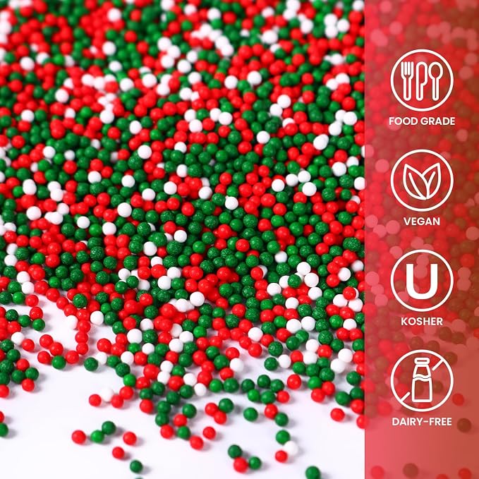 Christmas Nonpareils Sprinkles, 3.52oz Christmas Sprinkles for Cake Decorating Cupcake Toppers Baking Cookie Ice Cream Dount Chocolate, Edible Round Sugar Candy Food Grade