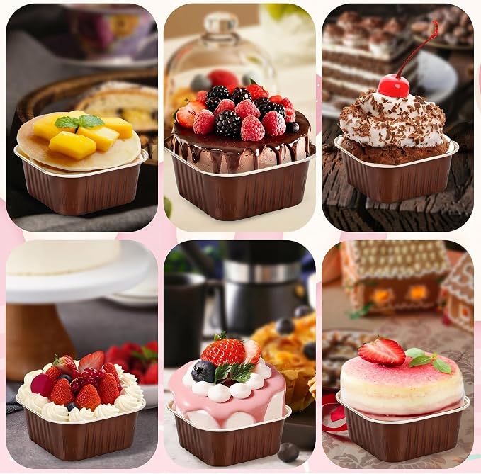30Pack 5oz Brown Mini Cake Pans with Lids Baking Cups Aluminum Foil Pans Tins, Individual Dessert Cups Containers for Sales,Party,Picnics