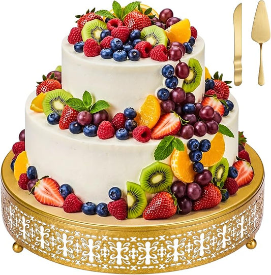 Wenqik Gold Cake Stand 12 Inch Metal Round Wedding Cake Stand with Cutting & Spatula Cupcake Dessert Cookies Display Holder Fruit Serving Tray for Wedding Birthday Anniversary Party