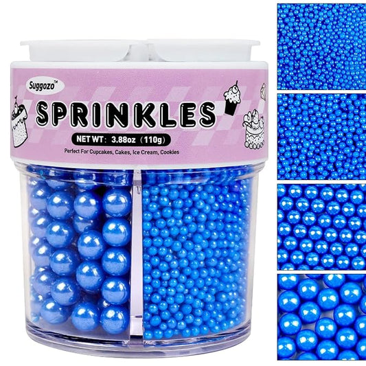 Blue Sprinkles, Edible Blue Pearl Sprinkles for Cake Decorating, Cake Decoration & Cupcake Topper, Baking Cookie Toppings, Wedding Party Christmas 4th of July Supplies, 110g/3.88oz (4 Sizes Mix)