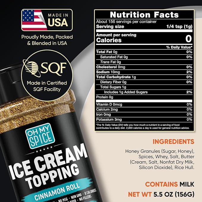 Ice Cream Topping Cinnamon Roll Mix - Gluten Free & Low Sodium Cinnamon and Sugar Flavor for Coffee Toppings. Cinammon Sugar Powder Seasoning for Oatmeal, Yogurt & Dessert. Sweet Buttery Blend. 5.5oz