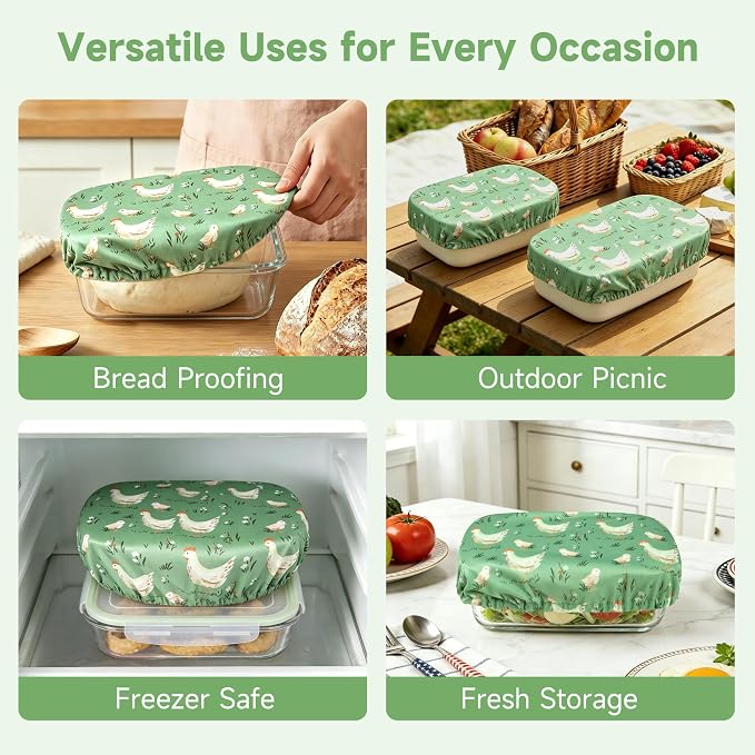 Reusable Bowl Covers, Elastic Cotton Cloth Sourdough Bread Cover, Reusable Bowl Caps for Bread Proofing Baskets and Large Mixing Containers, 3 Pack, Chicken