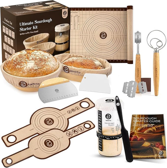 ABIOTO Sourdough Bread Baking & Starter Kit - 24-Piece Set with 9" Round & 10" Oval Rattan Baskets, 24oz Starter Jar, Bread Lame, Danish Whisk, Slings & Mat
