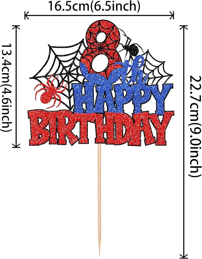 1 PCS Happy 8th Birthday Cake Topper Glitter Spider Web Cheers to 8 Years Seven Birthday Cake Pick Superhero Spider Party Decorations for Boys Girls Happy 8th Birthday Party Cake Decorations Supplies