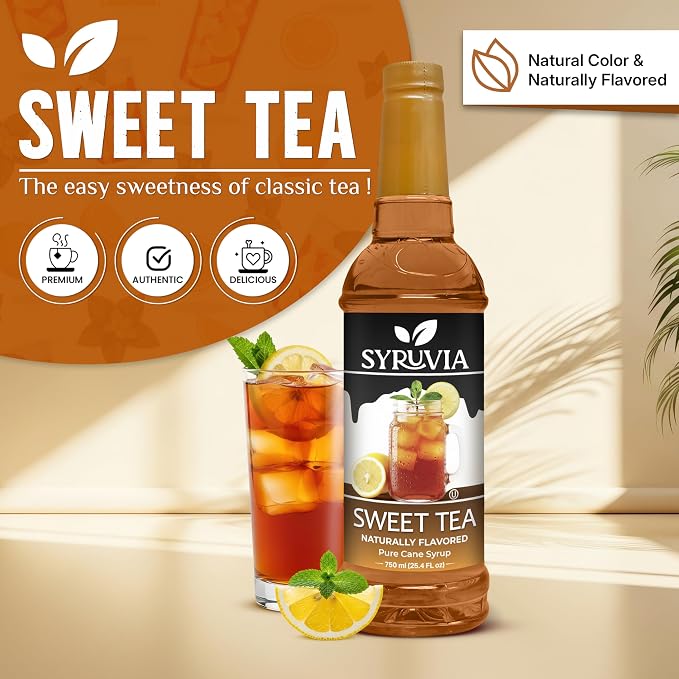 Syruvia Sweet Tea Syrup, Naturally Flavored Syrup for Teas, Drinks, Lemonades, Iced Teas, and Desserts – 25.4 fl oz - with Pump