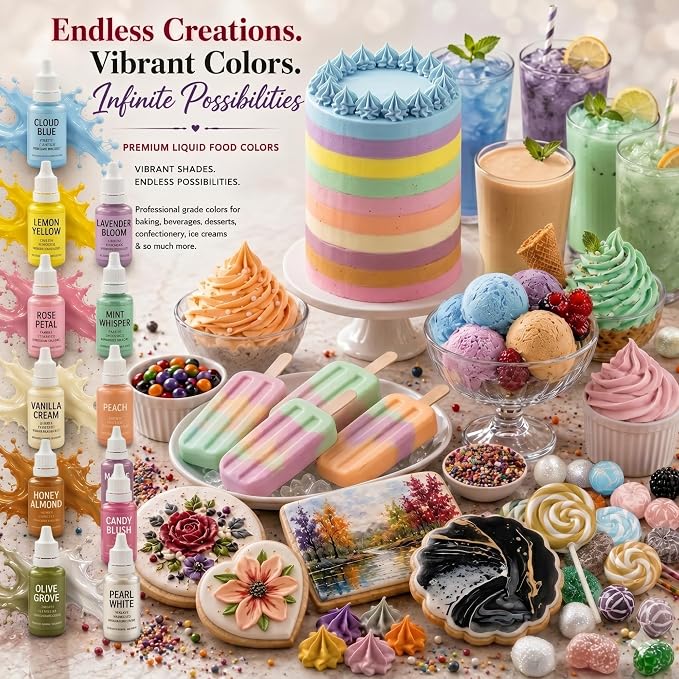Confect Pastel Elegance Water Color Food Coloring Set – Highly Pigmented Oil Based Food Colors for Cakes, Buttercream, Drinks, Popsicles & Baking – 12 Pack × 10mL
