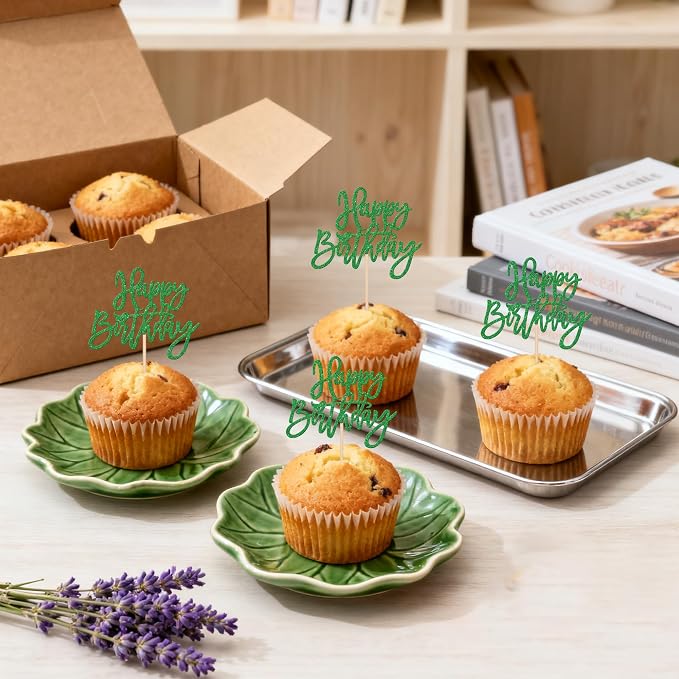 24 PCS Happy Birthday Cupcake Toppers Glitter Happy Birthday Cupcake Picks for Celebrating Anniversary Theme Party Cake Decorations Supplies Green