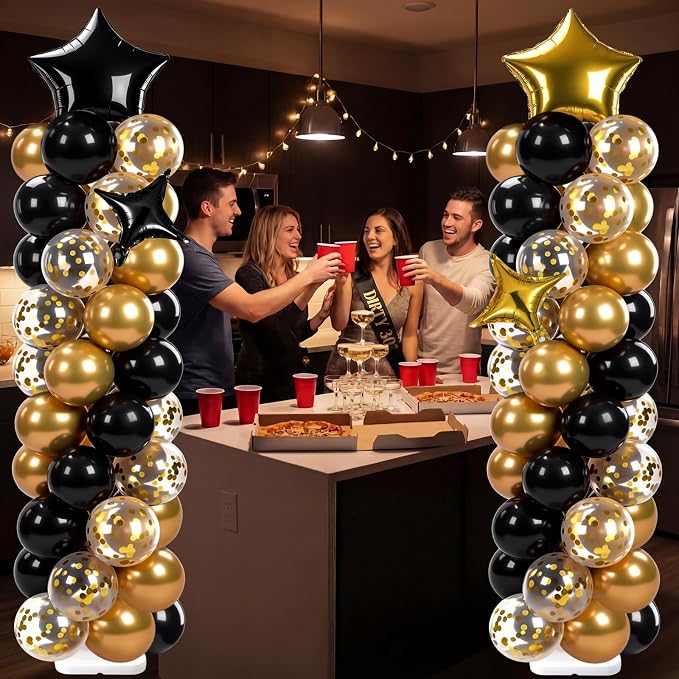 Skylety 2 Sets Black and Gold Balloon Column Stand Kit Adjustable Black Gold Balloon Stand with Bases for Birthday Wedding Anniversary Graduation Party Baby Shower Decorations Supplies