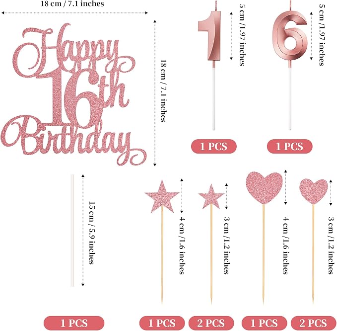 16th Birthday Cake Decorations, 16th Birthday Candles Cake Numeral Candles and Glitter Happy 16th Birthday Cake Toppers Set for Birthday Party Supplies (Rose Gold)