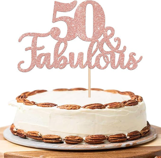 1 PCS 50 & Fabulous Cake Topper Glitter Fifty and Fabulous Cake Toppers Happy 50th Birthday Cake Pick for 50th Wedding Anniversary Birthday Party Cake Decorations Supplies Rose Gold
