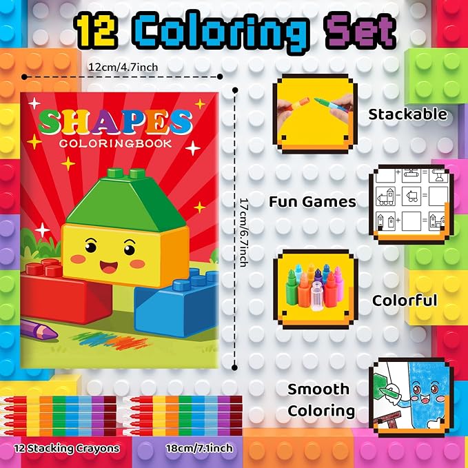 BenLouis 12 Building Block Mini Coloring Books Kids with 12 Stacking Crayons Geometric Shapes Party Favors Small Activity Books Bulk for Kids Building Party Gift Goodie Bag Stuffers
