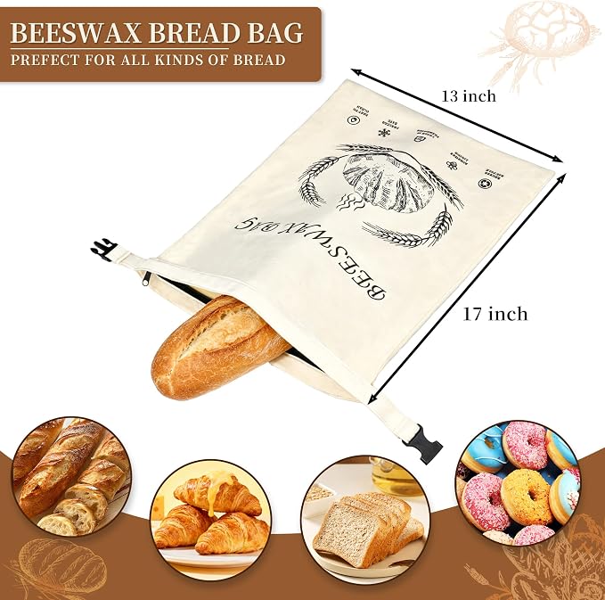 Reusable Cotton Beeswax Bread Bags 2 Pack – Extra Large 13"x17" Zipper & Roll-Buckle Double Seal for Homemade Sourdough, Keep Bread Fresh Longer, Zero Waste Bread Storage for Loaf Baguette