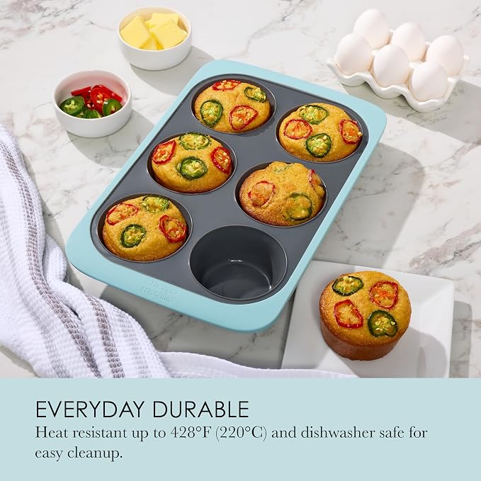 Chicago Metallic Silicone Muffin Pan, 6 Cup Nonstick Cupcake Tin with Wire-Reinforced Rim, Flexible Bakeware for Muffins, Egg Bites and More, Oven Safe to 428F, 10 x 8.6 Inches, Blue