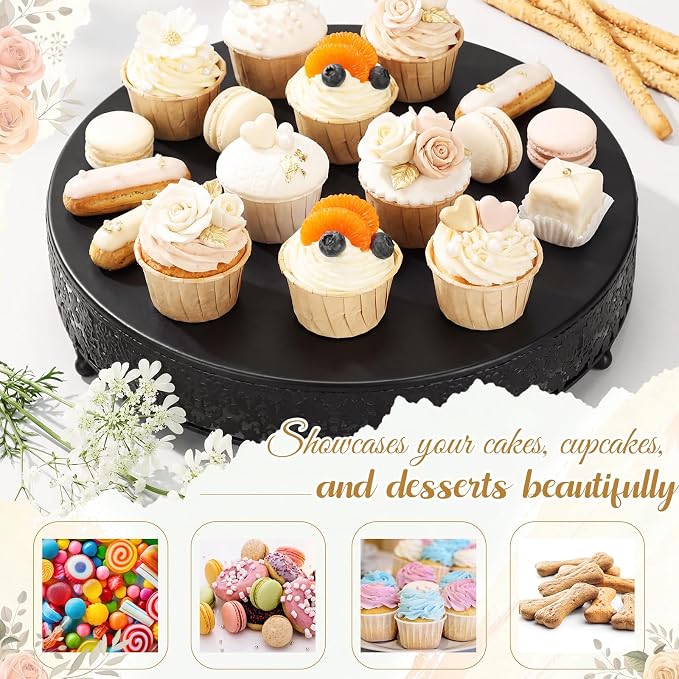 Wenqik 14 Inch Black Cake Stand Set Metal Round Cupcake Dessert Stand with Cake Cutting, Flower Spatula Wedding Cupcake Pastry Display Candy Holder Display for Wedding Party Birthday Baby Shower