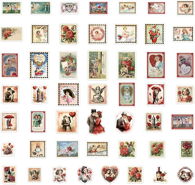 FaCraft 50PCS Vintage Stickers - Waterproof Love Stickers for Scrapbooking Aesthetic Sticker for Adults Teens Girls Couples Romantic Valentines Sticker DIY Laptop Water Bottles Envelopes Cards Guitar