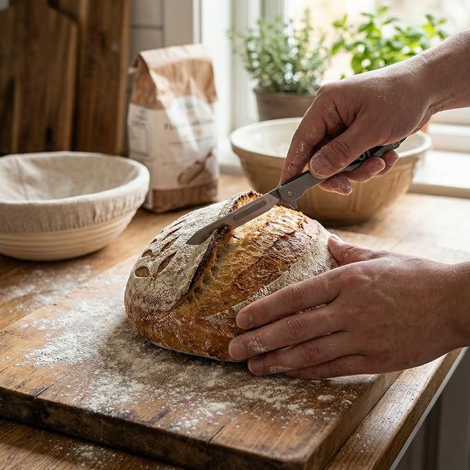 Bread Lame Bread Scoring Tool for Sourdough Baking, Folding Bread Scorer with 5PCS #60 Stainless Steel Blades, All-Metal Scoring Knife for Home Kitchen and Baking Classes, Sandblasted Gray