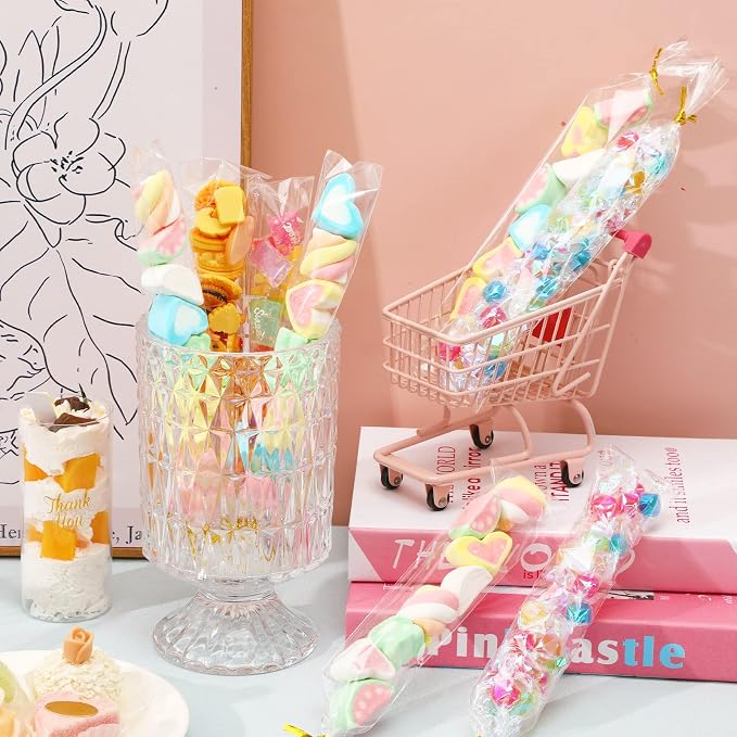 Augshy Pretzel Rod Bags,300 Pcs 2x10 Clear Treat Bag with Sea for Packaging | Individual,Plastic Bag with 300 Twist Ties,Self Adhesive Resealable for Lollipop Candy Chocolate Cookie Wrapping Buffet