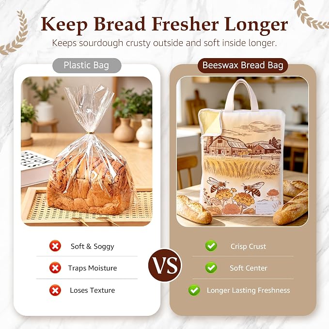 2 Pack Beeswax Bread Bags for Sourdough, 17x13 Inch Reusable Cotton Bread Storage Bags with Zipper and Handle Natural Beeswax Lining Freezer Friendly with 10 Food Labels Included (Farm Bees)