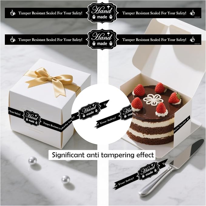 Tamper Evident Seal Stickers 9x1 200Pcs Baking Food Package Label | Black | Handmade Bakery Seal | Cake Box | Freshness Label
