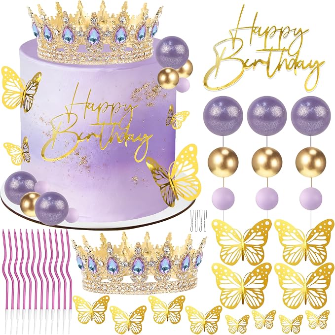 Crown Cake Topper, Purple & Gold Crown Balls Happy Birthday Cake Toppers Candles Butterfly, Corona Para Pastel, Crown Cake Decorations for Women Queen Princess (Gold, Moonlight Purple)