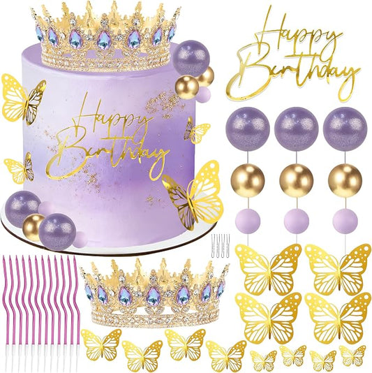 Crown Cake Topper, Purple & Gold Crown Balls Happy Birthday Cake Toppers Candles Butterfly, Corona Para Pastel, Crown Cake Decorations for Women Queen Princess (Gold, Moonlight Purple)