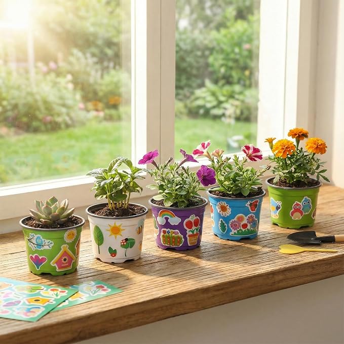 50 Sets Garden Pot Craft Kit, Flower Plant Spring Craft Including Plastic Nursery Plant Pots Labels Tags Stickers for DIY Flower Planting Growing Birthday Arts Kit (Fresh)
