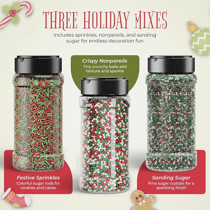 NY Spice Shop Sprinkles Nonpareils & Sanding Sugar – Red Green White Nonpareils & Sprinkle - Edible Christmas Festive Cooking Decor Sprinkle - Candy Cane Sprinkles for Baking and Dessert Toppings