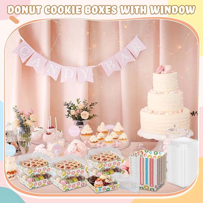 Potchen 50 Pack Bakery Boxes with Clear Lids, Disposable Charcuterie Treat Boxes for Cookies, Donuts, Cupcakes, Candy and Mini Cakes, Party Favor for Wedding and Gift Giving(Donut)