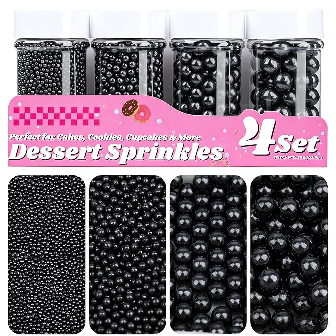 Black Pearl Sprinkles for Cake Decorating, 11.3oz/320g Edible Pearls Sugar 4 Jars Set for Baking Cupcakes Cookies
