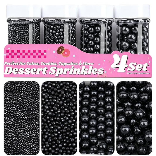 Black Pearl Sprinkles for Cake Decorating, 11.3oz/320g Edible Pearls Sugar 4 Jars Set for Baking Cupcakes Cookies