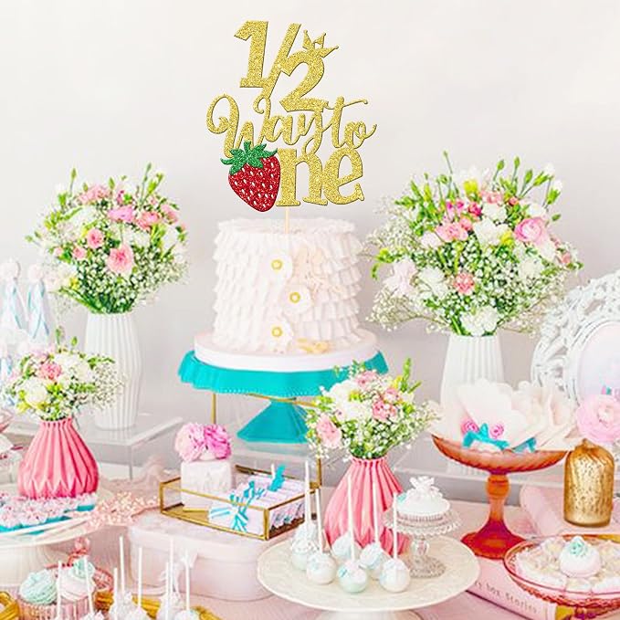 1 PCS Strawberry Half Way to One Cake Topper Glitter Happy 6 Months Birthday Cake Pick 1/2 Berry Sweet Half Birthday Cake Decoration for Strawberry Theme Baby 6 months Birthday Party Supplies Gold