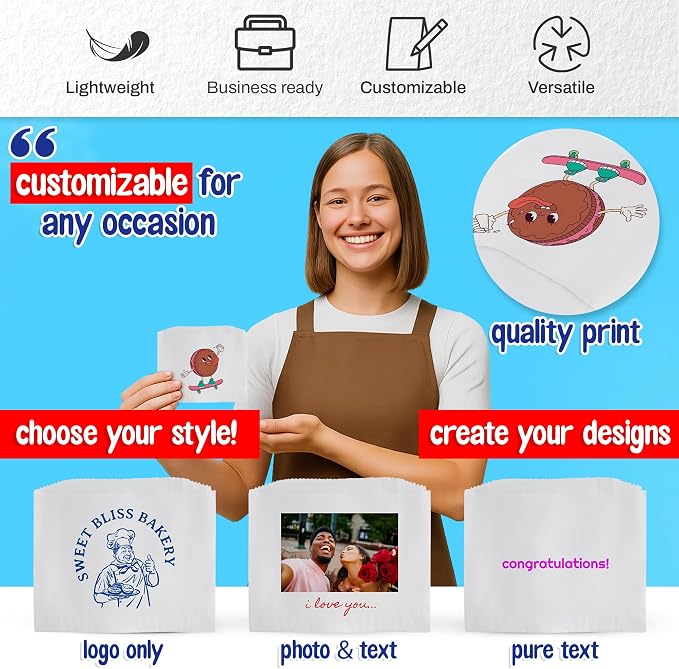 MT Products Custom Printed Small White Paper Bags 6" x 4.5 - Personalized Disposable White Cookie Bags