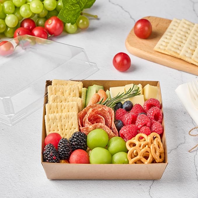 ZORRITA Large Charcuterie Boxes with Clear Lids, 7x7 Inch, 20 Pack, Brown | Disposable, Square, Kraft Paper, To Go Food Containers, Bakery Boxes, For Charcuterie Desserts Strawberries Cookies